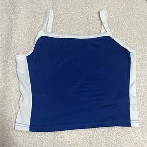 Crop Cami Top, Spaghetti Strap Square Neck Contrast Color Blue-White, Small──★